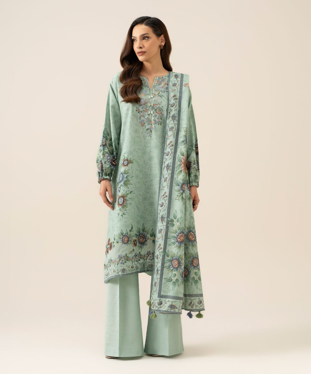 Women's Unstitched Light Khaddar Embroidered Light Mint Green 3 Piece Suit