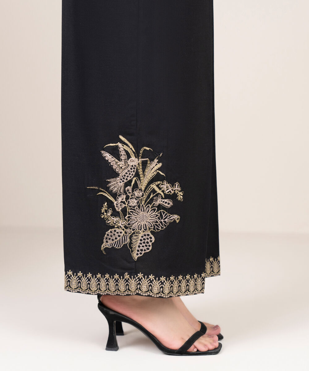 Women's RTW Cotton Viscose Embroidered Black Culottes