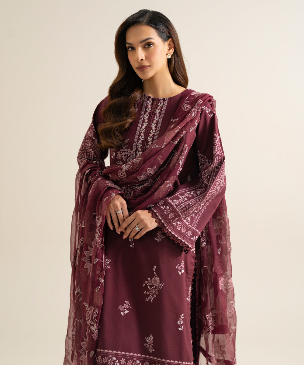 Women's Unstitched Blended Chiffon Printed Maroon 3 Piece Suit
