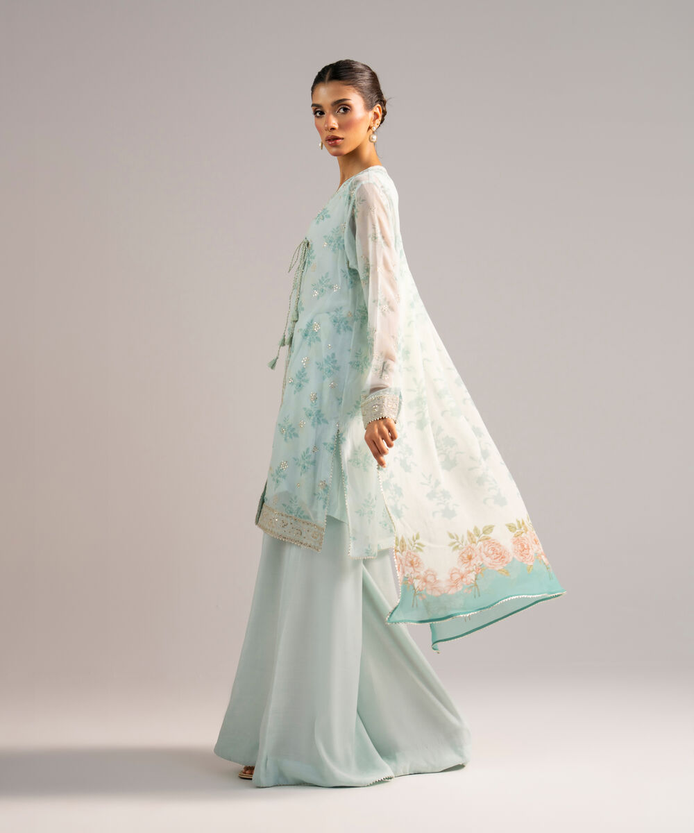 Women's RTW Chiffon Embroidered Blue 3 Piece Suit
