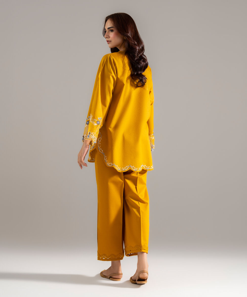 Women's RTW Dobby Solid Embroidered Mustard Yellow Straight Shirt