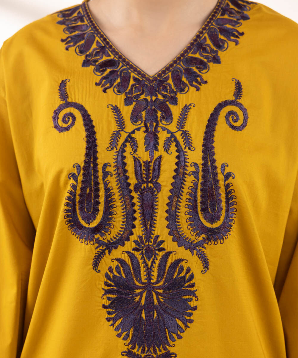 Women's RTW Textured Lawn Yellow Embroidered Boxy Shirt