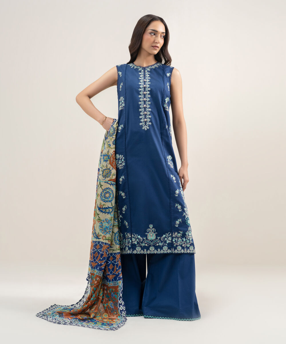 Women's RTW Dobby Embroidered Dark Blue 3 Piece Suit