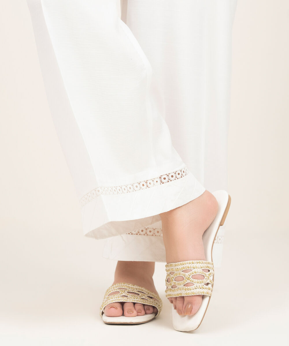 Women's RTW Viscose Raw Silk Solid White Culottes