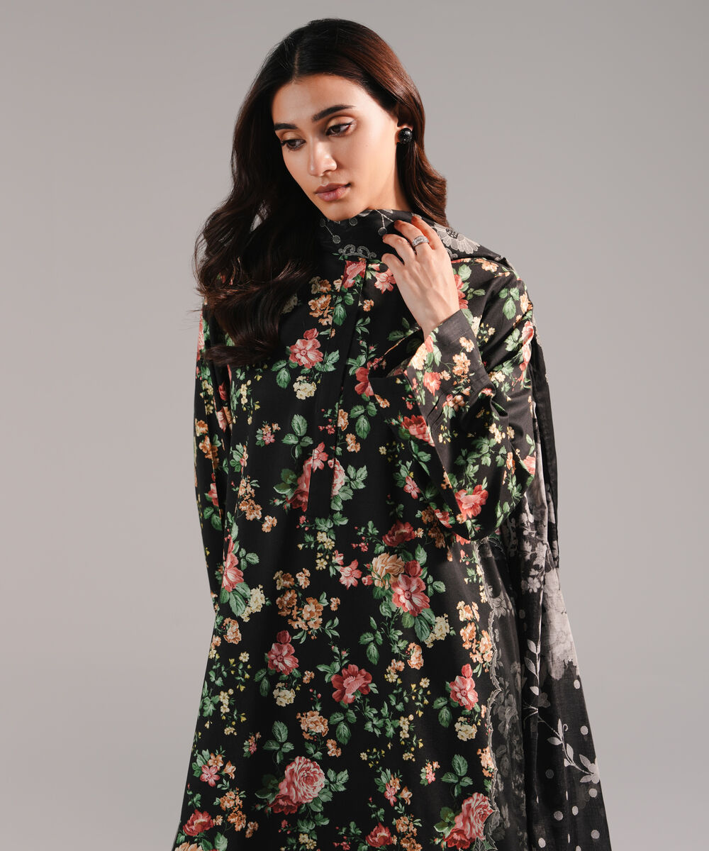 Women's RTW Cotton Viscose Printed Black 2 Piece Suit