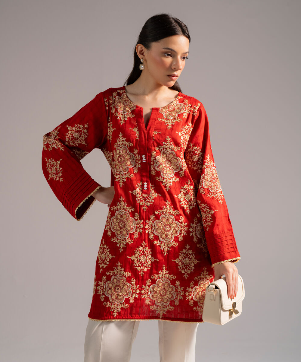 Women's RTW Dobby Embroidered Straight Rust Shirt
