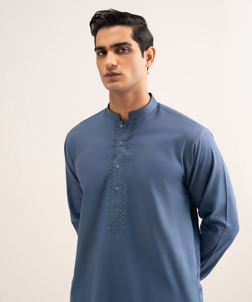 Men'S Stitched Blue Cotton Jacquard Kurta