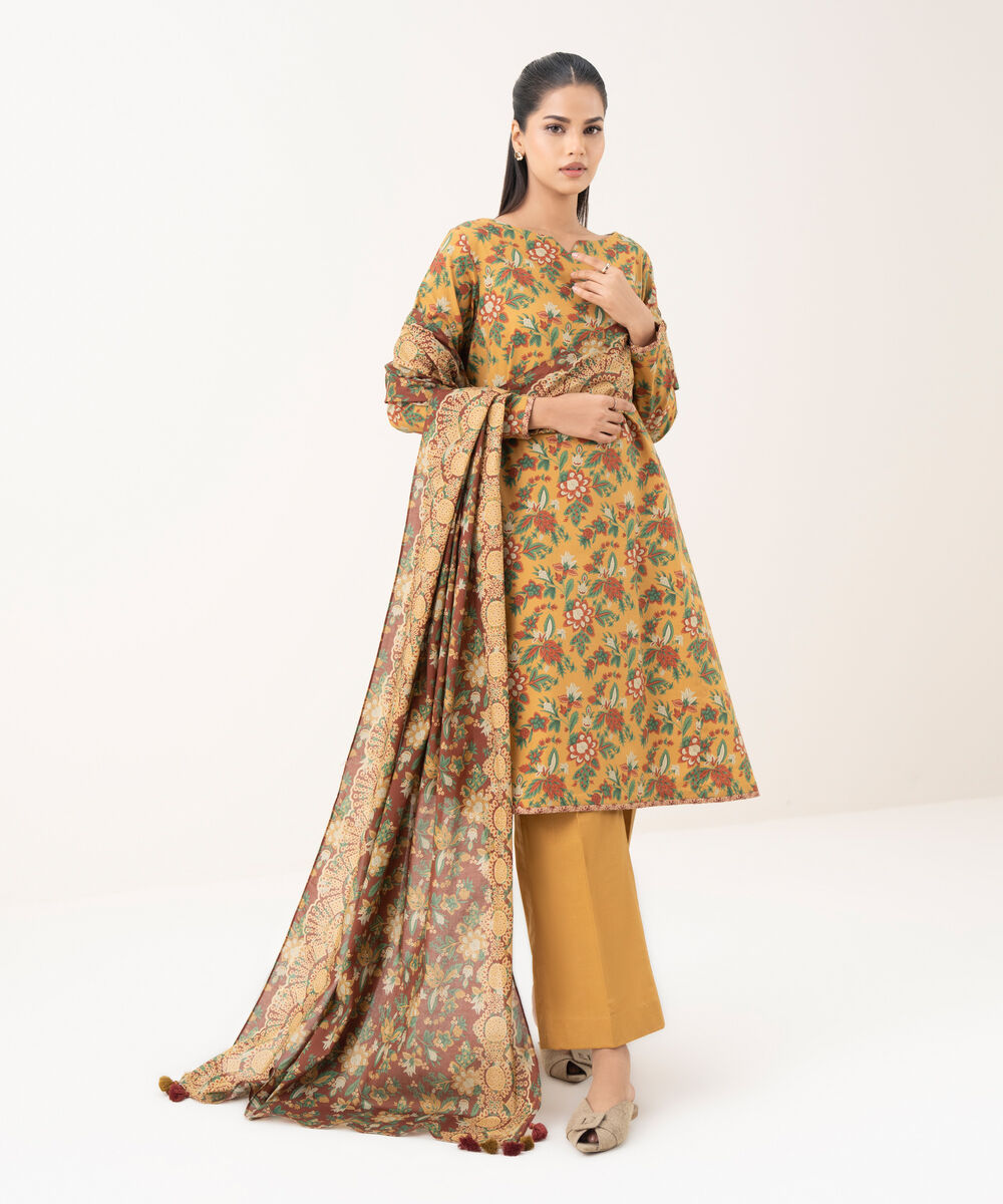 Women's Unstitched Cotton Printed Multi Three Piece Suit