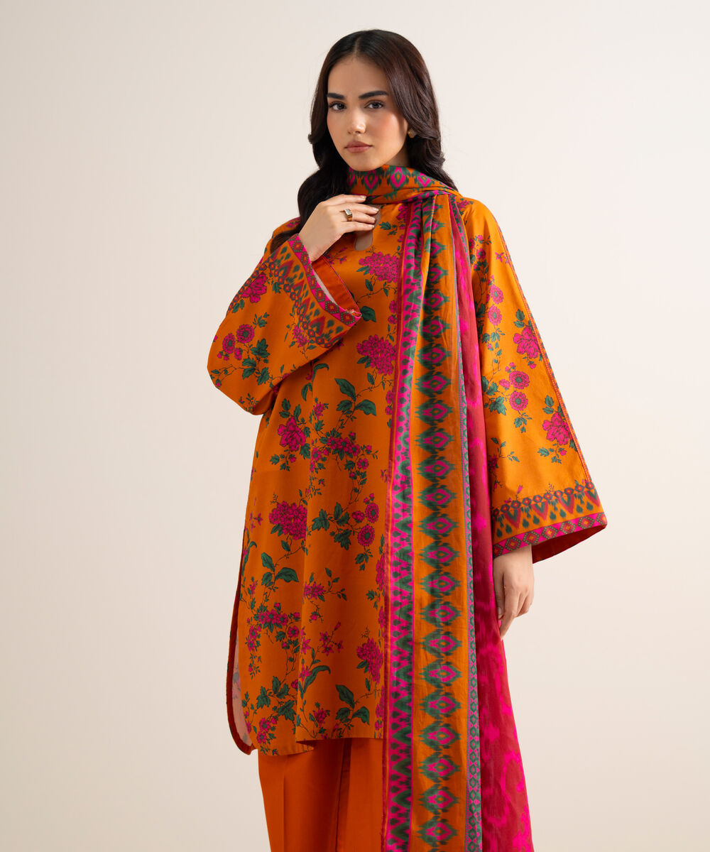 Women's Unstitched Printed Lawn Mustard 3 Piece Suit
