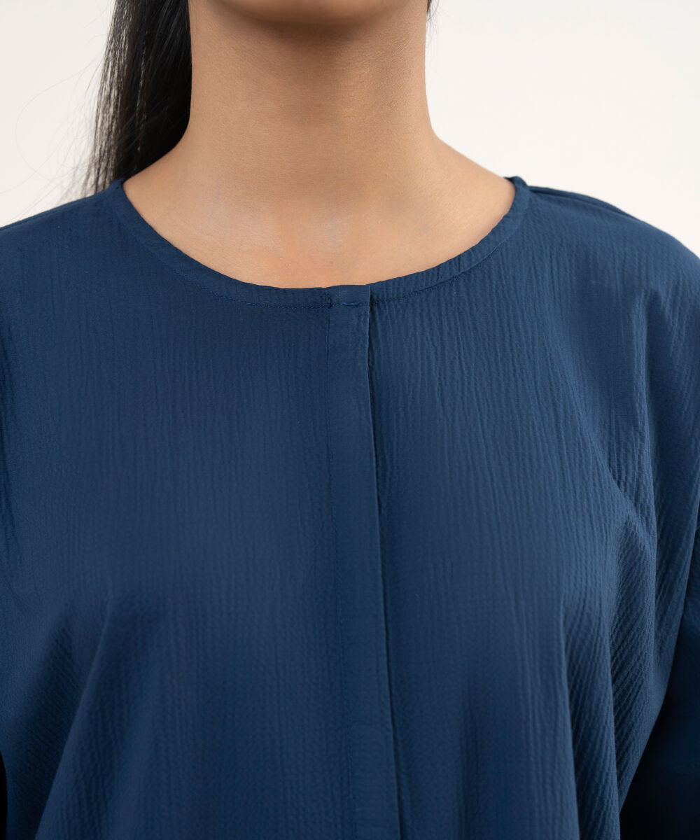 Women's RTW Seersucker Blue Solid A-Line Shirt