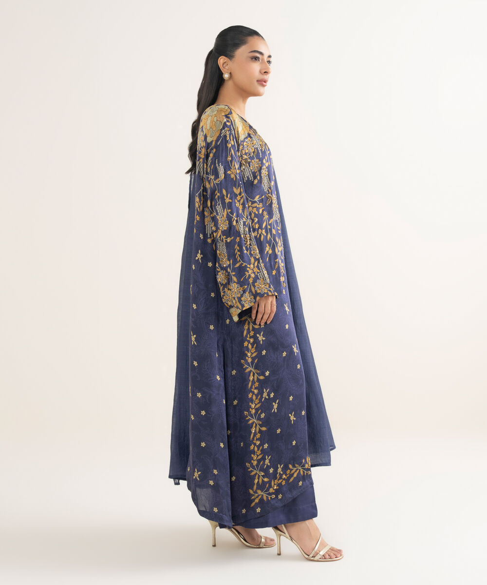 Women's RTW Blended Satin Embroidered Blue 3 Piece Suit