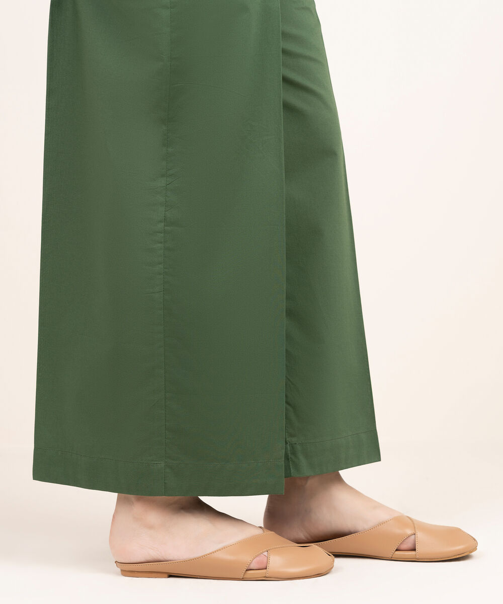 Women's RTW Cotton Solid Green Straight Pants