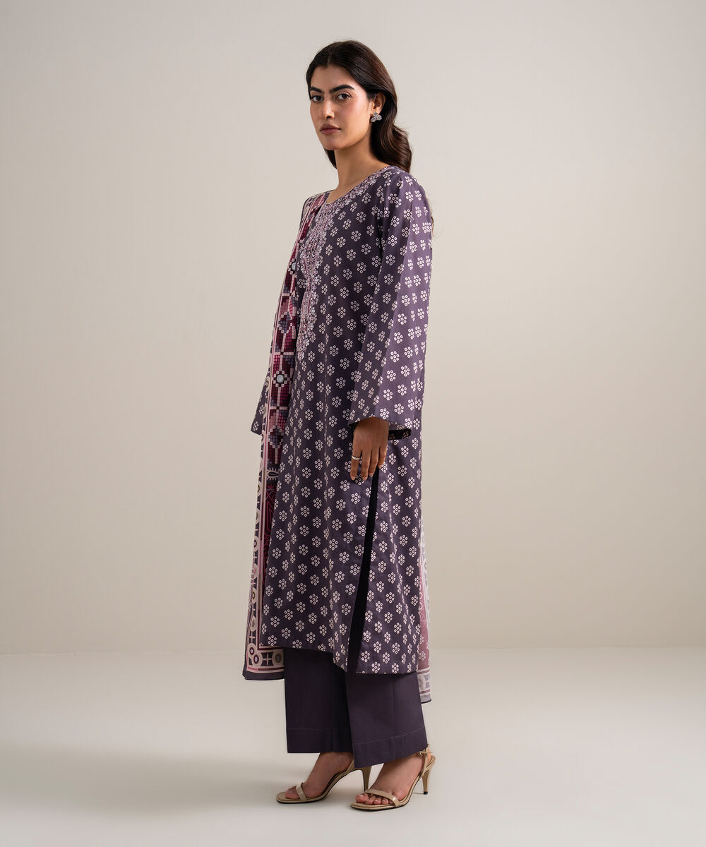 Women's Unstitched Lawn Embroidered Brown and Off White 3 Piece Suit