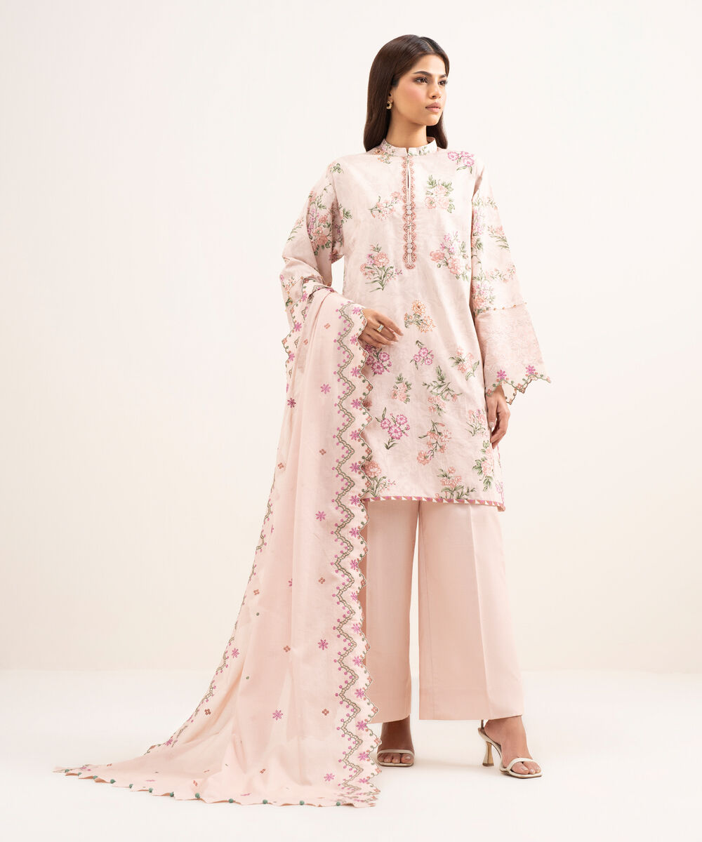 Women's Unstitched Lawn Embroidered Pink 3 Piece Suit