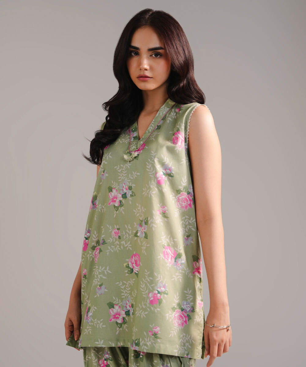 Women's RTW Cambric Printed Green 2 Piece Suit