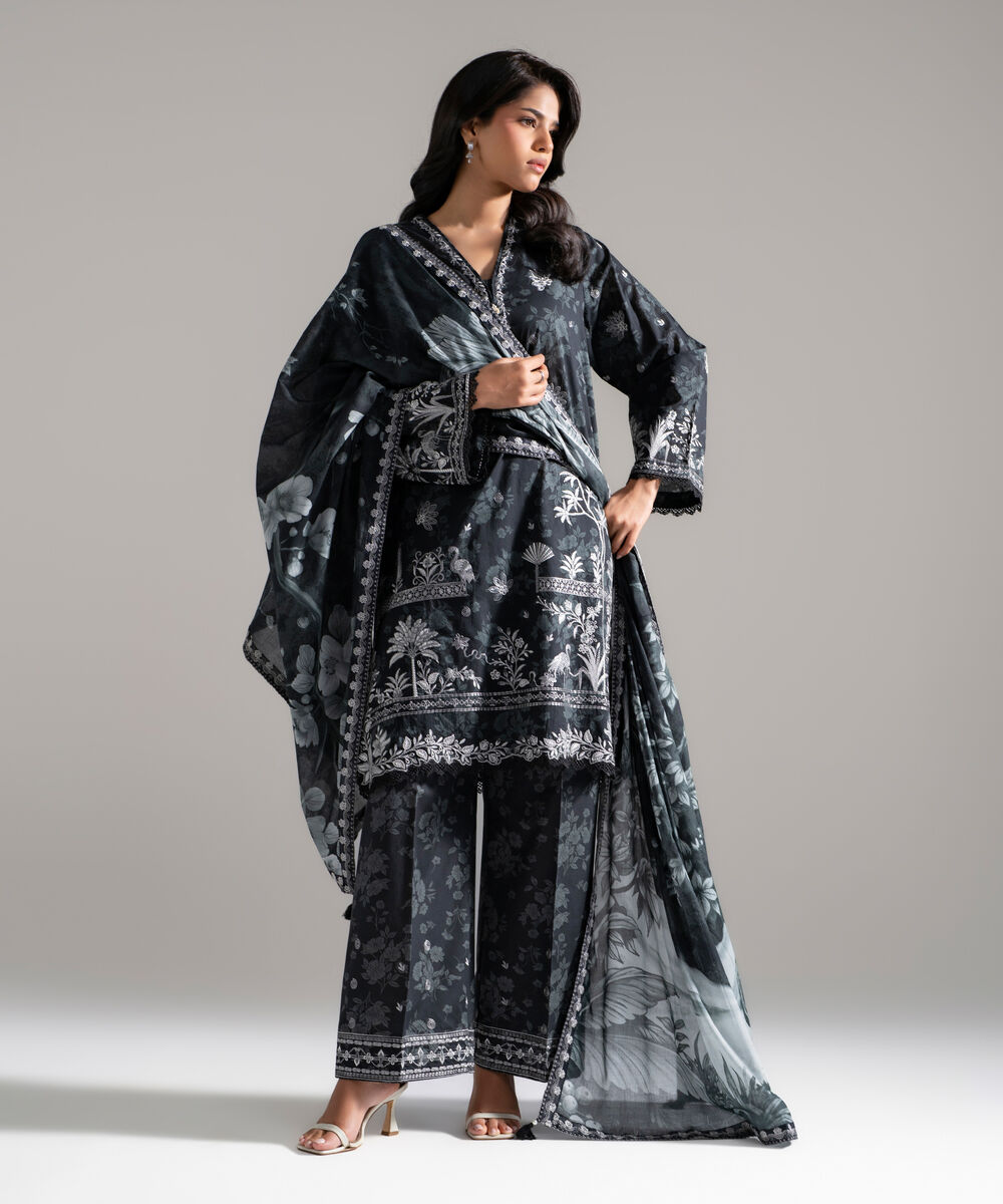 Women's RTW Lawn Embroidered Black 3 Piece Suit