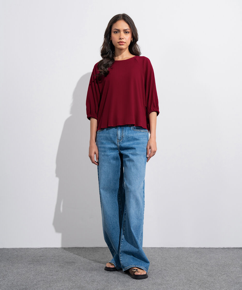 Women's Western Cherry Red  Seersucker Kimono Top