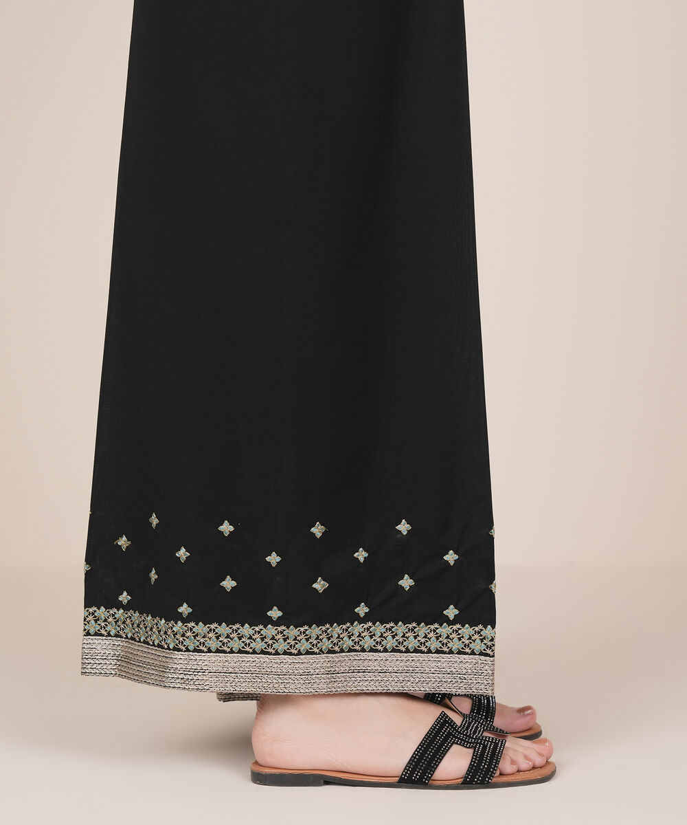 Women's RTW Cambric Black Embroidered Flared Pants