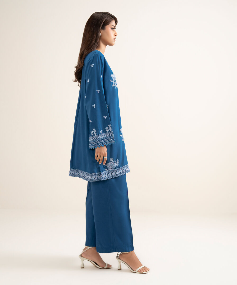 Women's RTW Cotton Viscose Embroidered Blue Straight Shirt