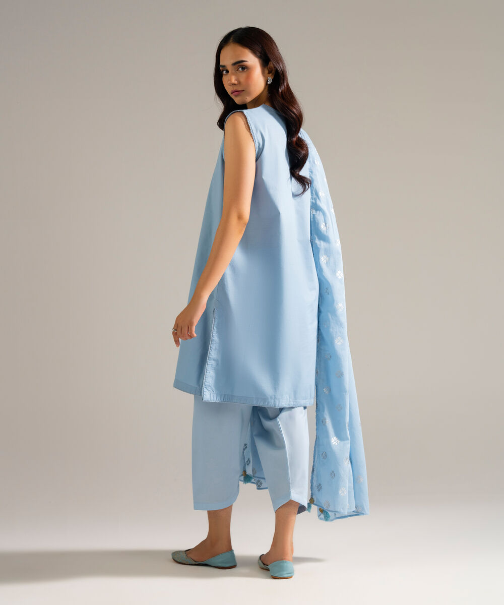 Women's RTW Slub Lawn Solid Blue 3 Piece Suit