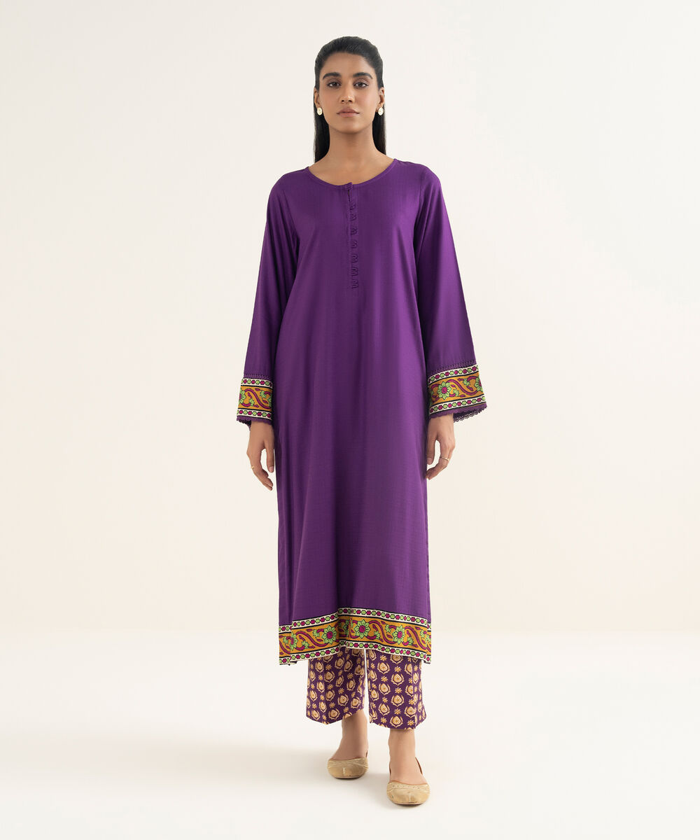 Women's RTW Textured Viscose Solid Purple Straight Shirt