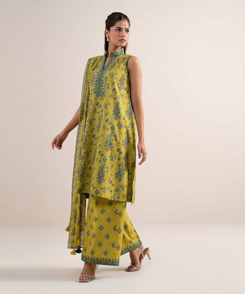 Women's Unstitched Lawn Printed Yellow 3 Piece Suit