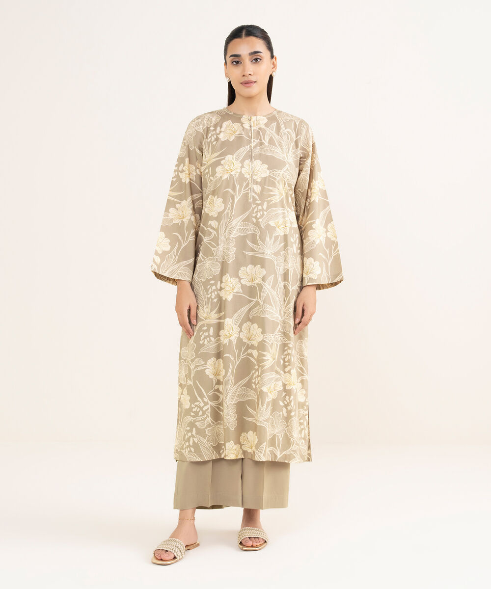 Women's RTW Viscose Lawn Beige Printed Straight Shirt