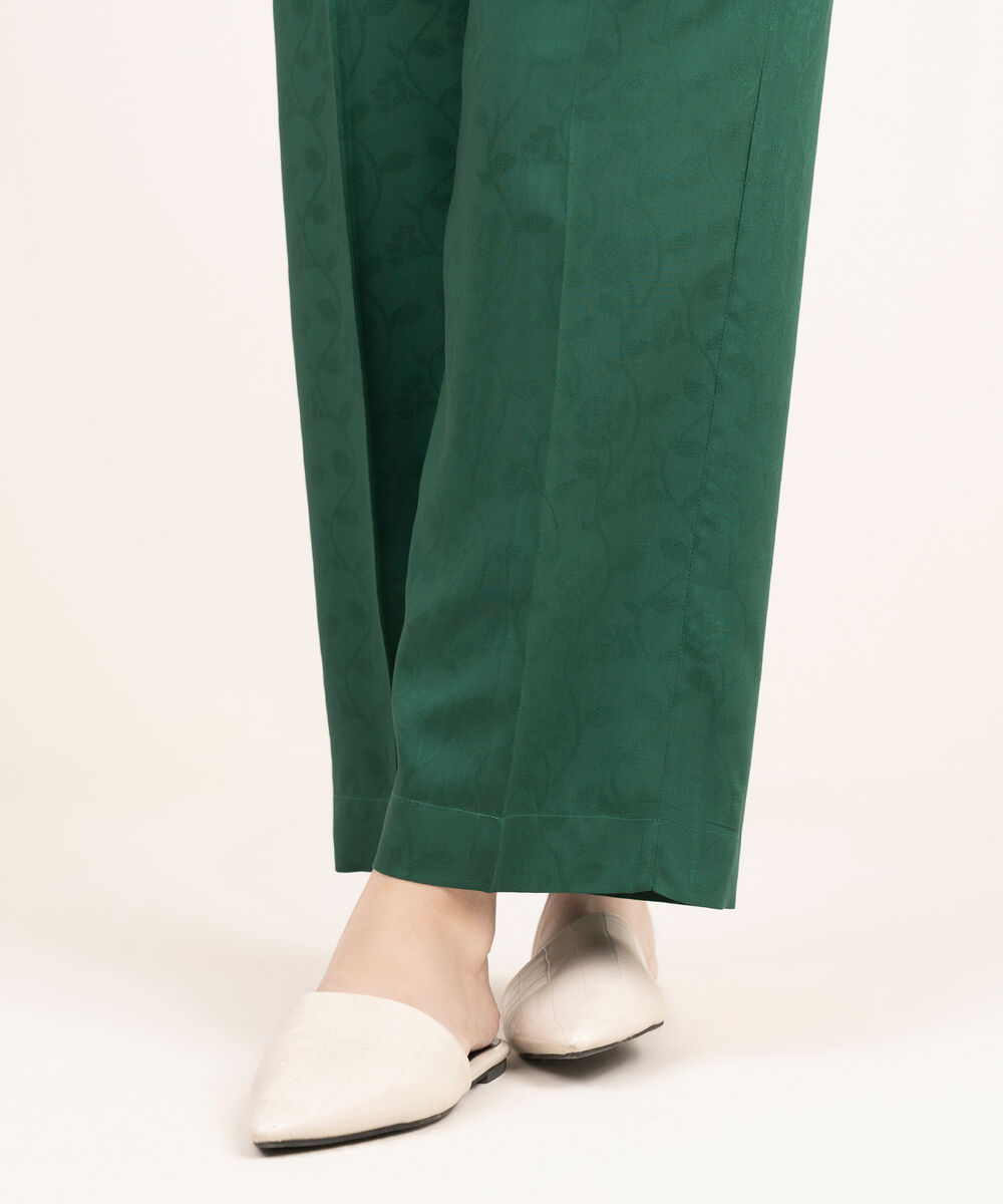 Women's RTW Arabic Self Jacquard Solid Green Straight Pants