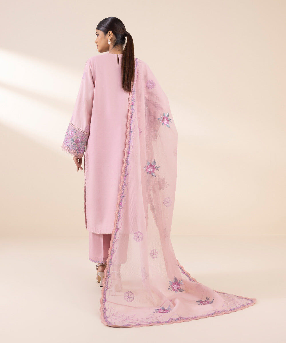 Woman - Pink 3 Piece - Embroidered Cotton Satin Suit