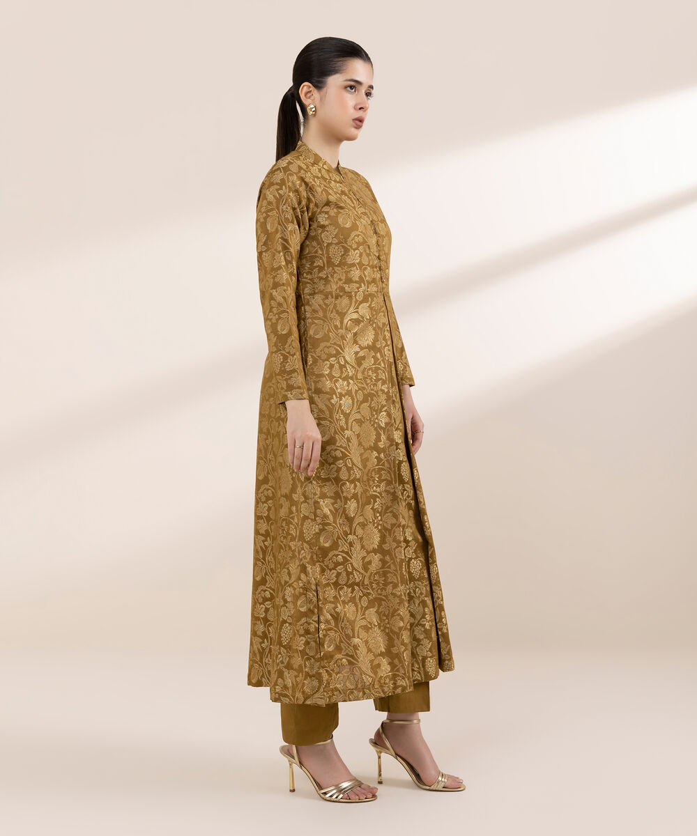 Women's RTW Extra Weft Jacquard Brown Solid Peshwas