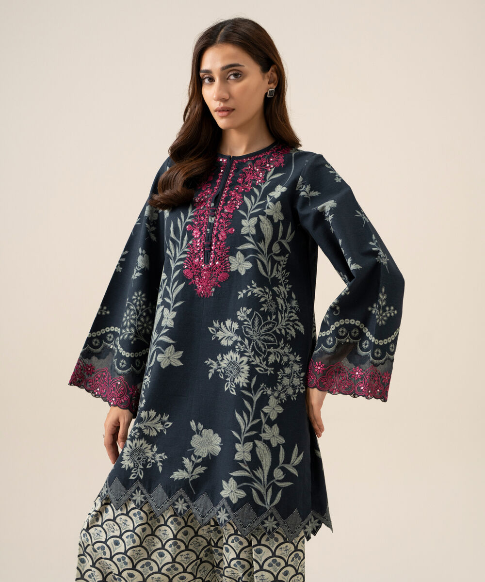 Women's Unstitched Light Khaddar Embroidered Black & White 2 Piece Suit