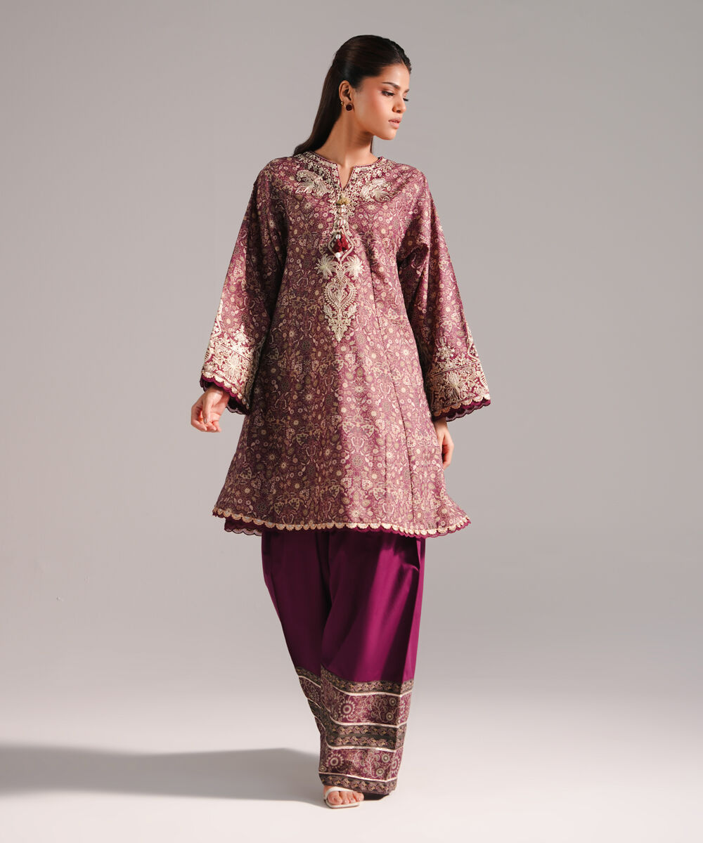 Women's RTW Zari Lawn Embroidered Deep Maroon A-Line Shirt