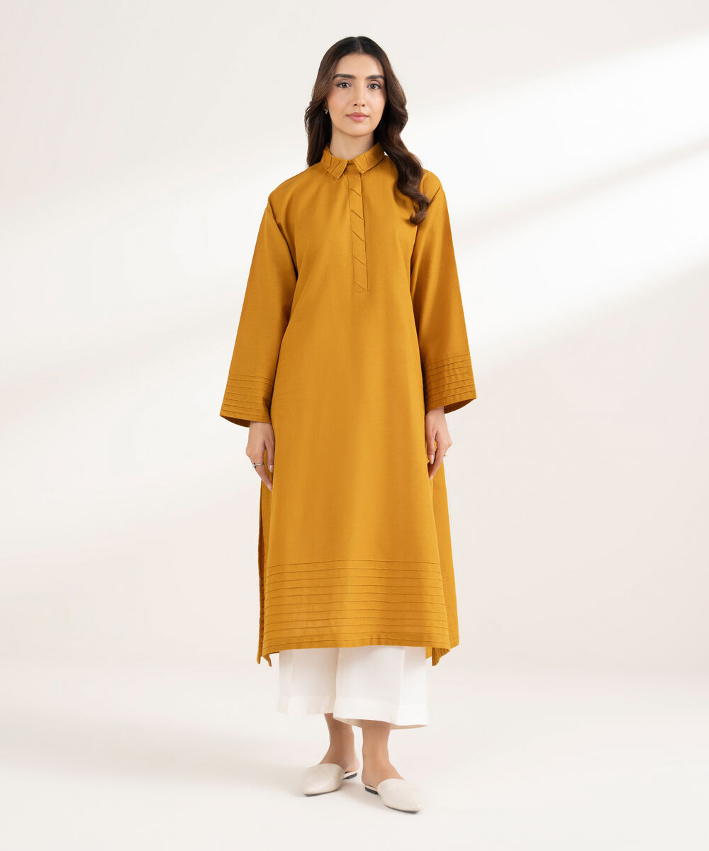 Women's RTW Khaddar Solid Straight Mustard Shirt