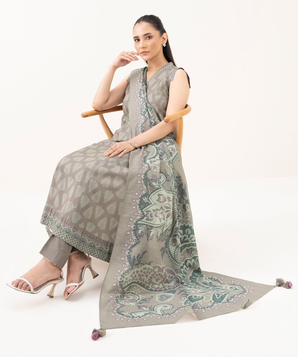 Women's Unstitched Linen Printed Beige 3 Piece Suit