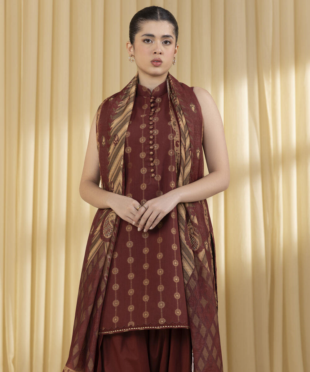 Unstitched Women's Red Extra Weft Jacquard 3 Piece Suit