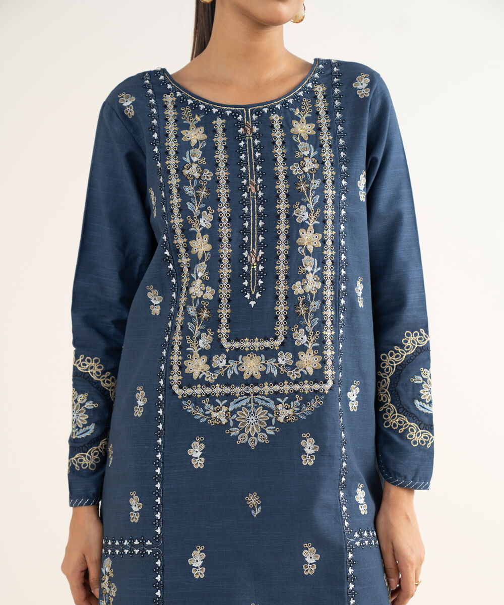 Women's Unstitched Light Khaddar Embroidered Blue 3 Piece Suit