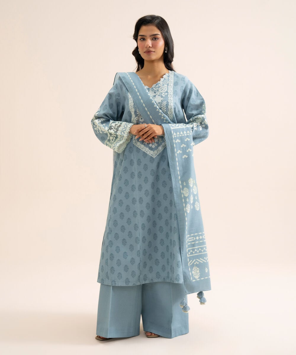 Women's Unstitched Light Khaddar Embroidered Light Blue 3 Piece Suit