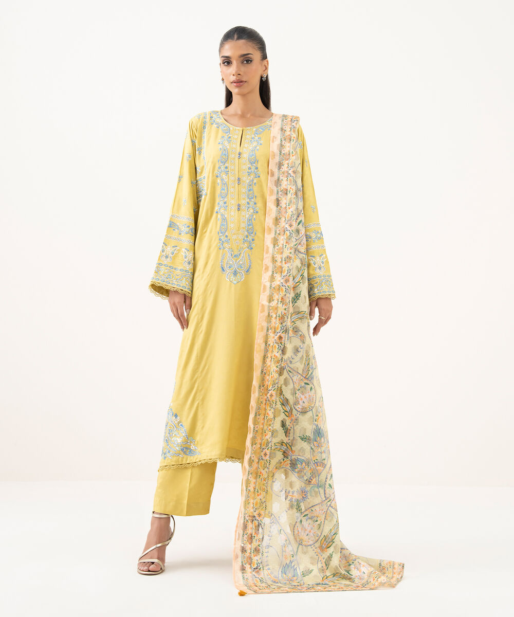 Women's RTW Textured Viscose Embroidered A-Line Yellow Shirt