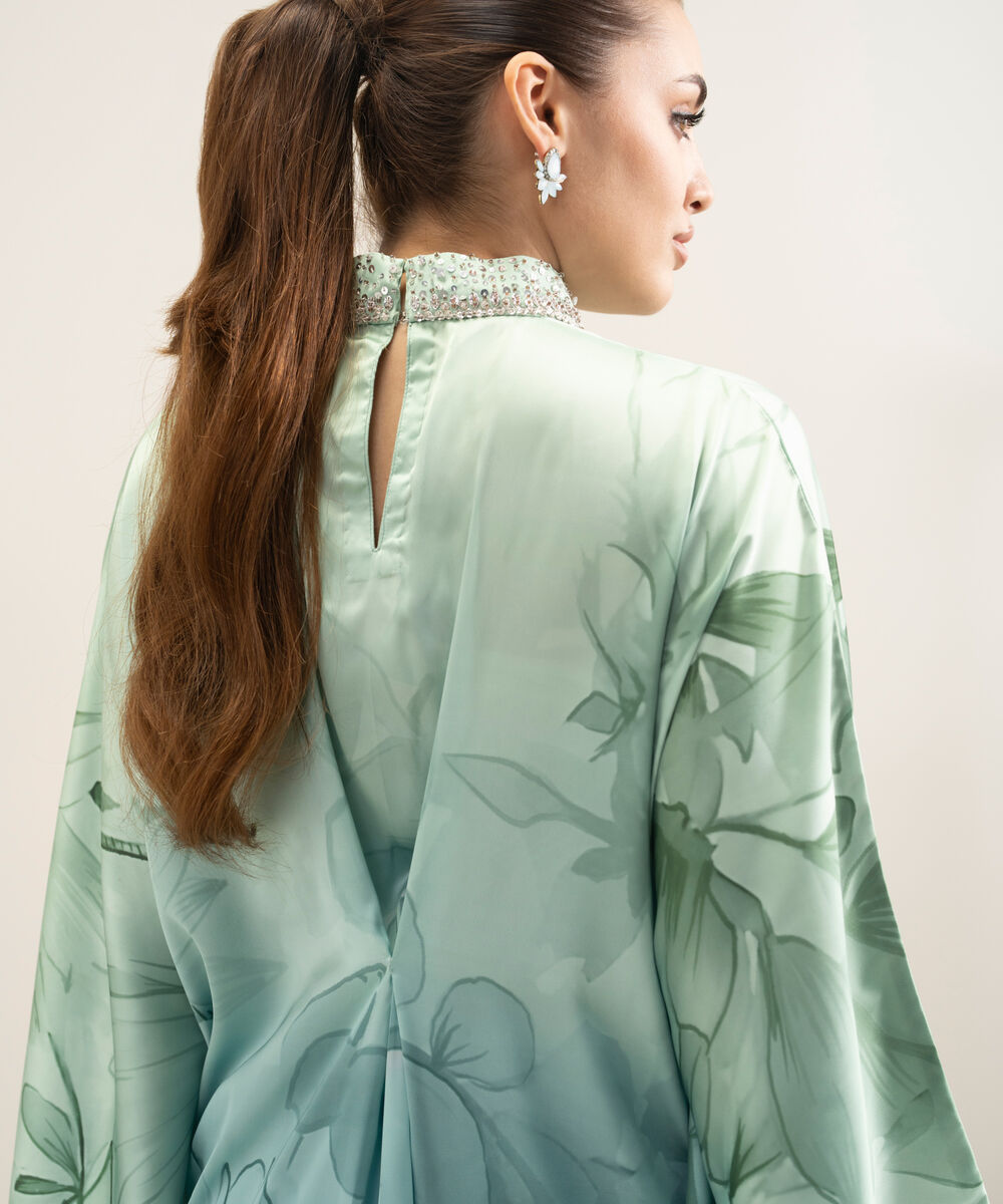 Women's RTW Blended Satin Printed Blue 2 Piece Suit