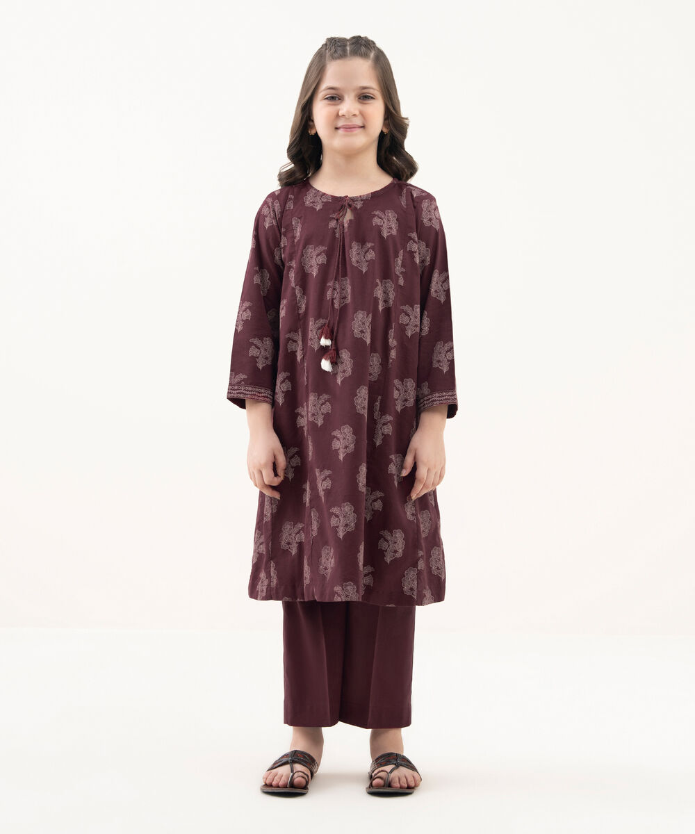 Girl's Cotton Viscose Printed Red 2 Piece Suit