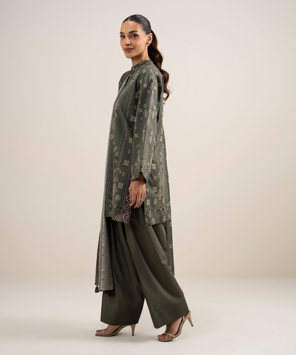 Women's Unstitched Lawn Printed Olive Green 3 Piece Suit