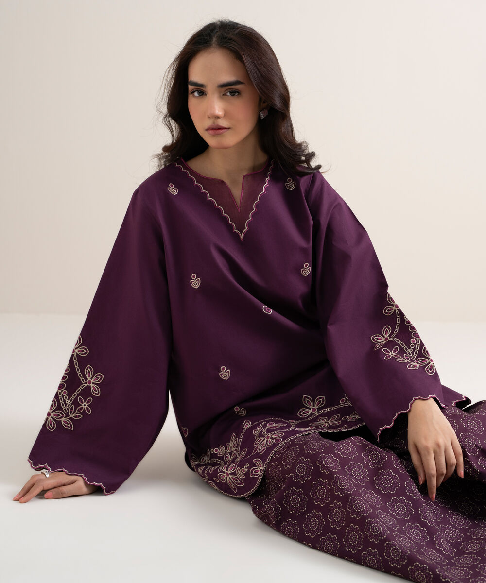 Women's Unstitched Cotton Embroidered Purple 2 Piece Suit