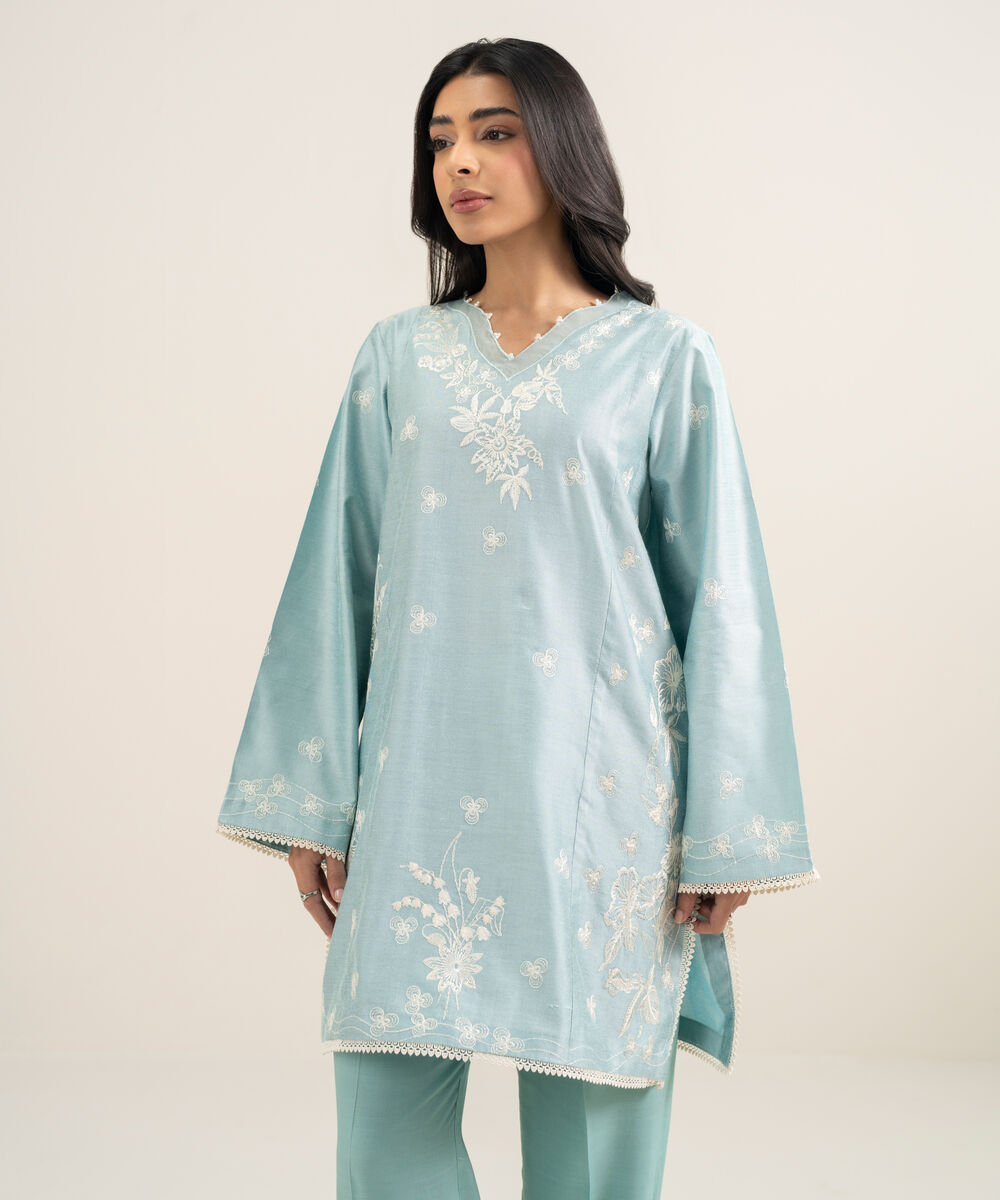 Women's RTW Silk Cotton Net Embroidered Blue 2 Piece Suit