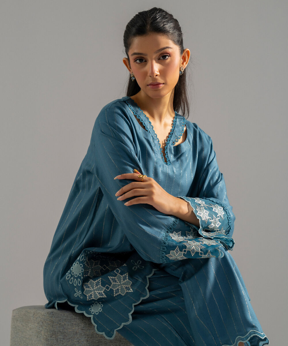 Women's RTW Dobby Crepe Lurix Solid Embroidered Teal Straight Shirt