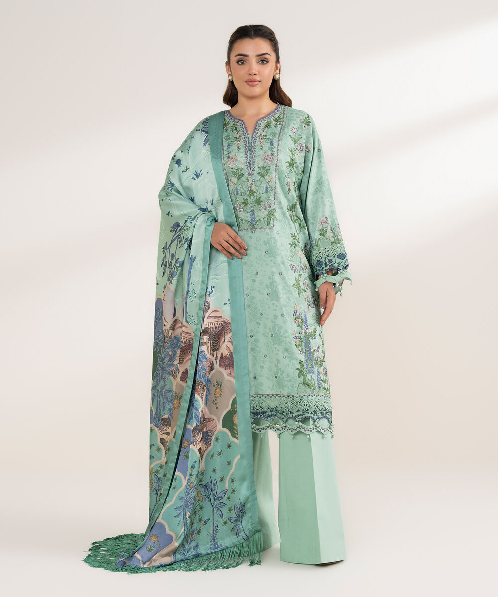 Women's Unstitched Cotton Embroidered Green 3 Piece Suit