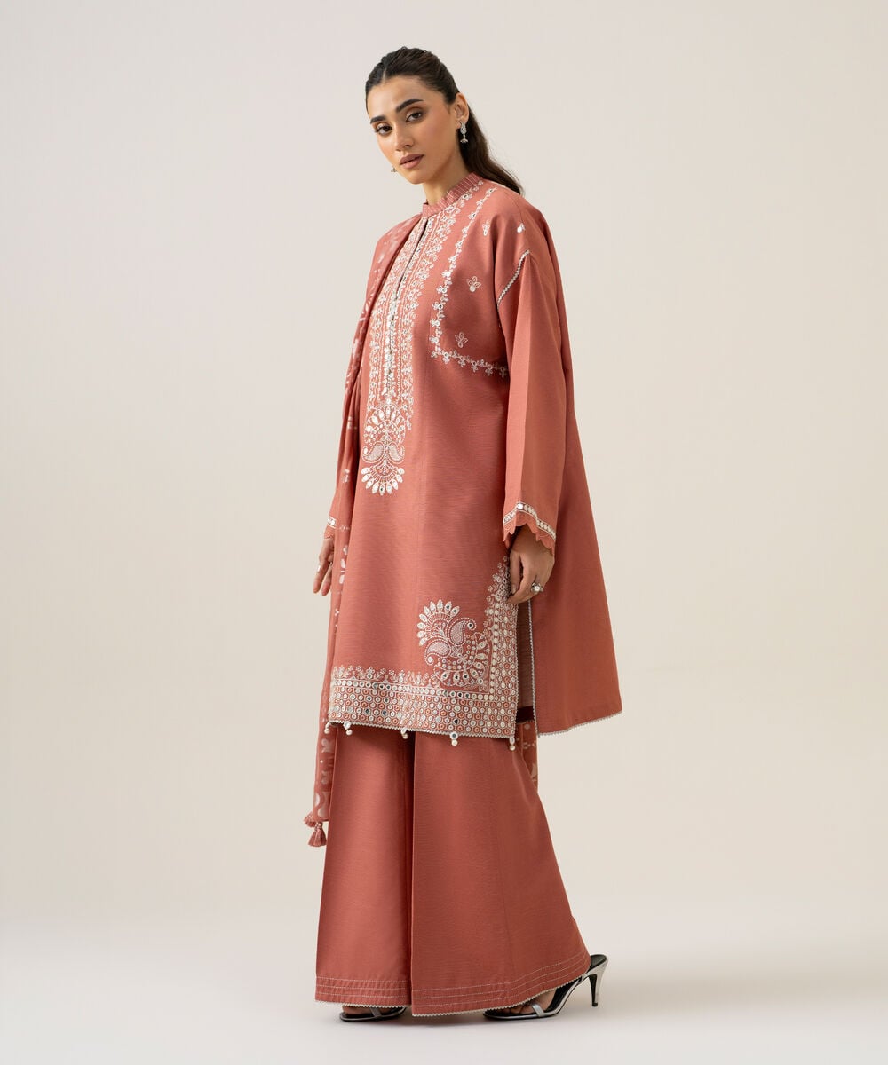 Women's Unstitched Light Khaddar Embroidered Pink 3 Piece Suit