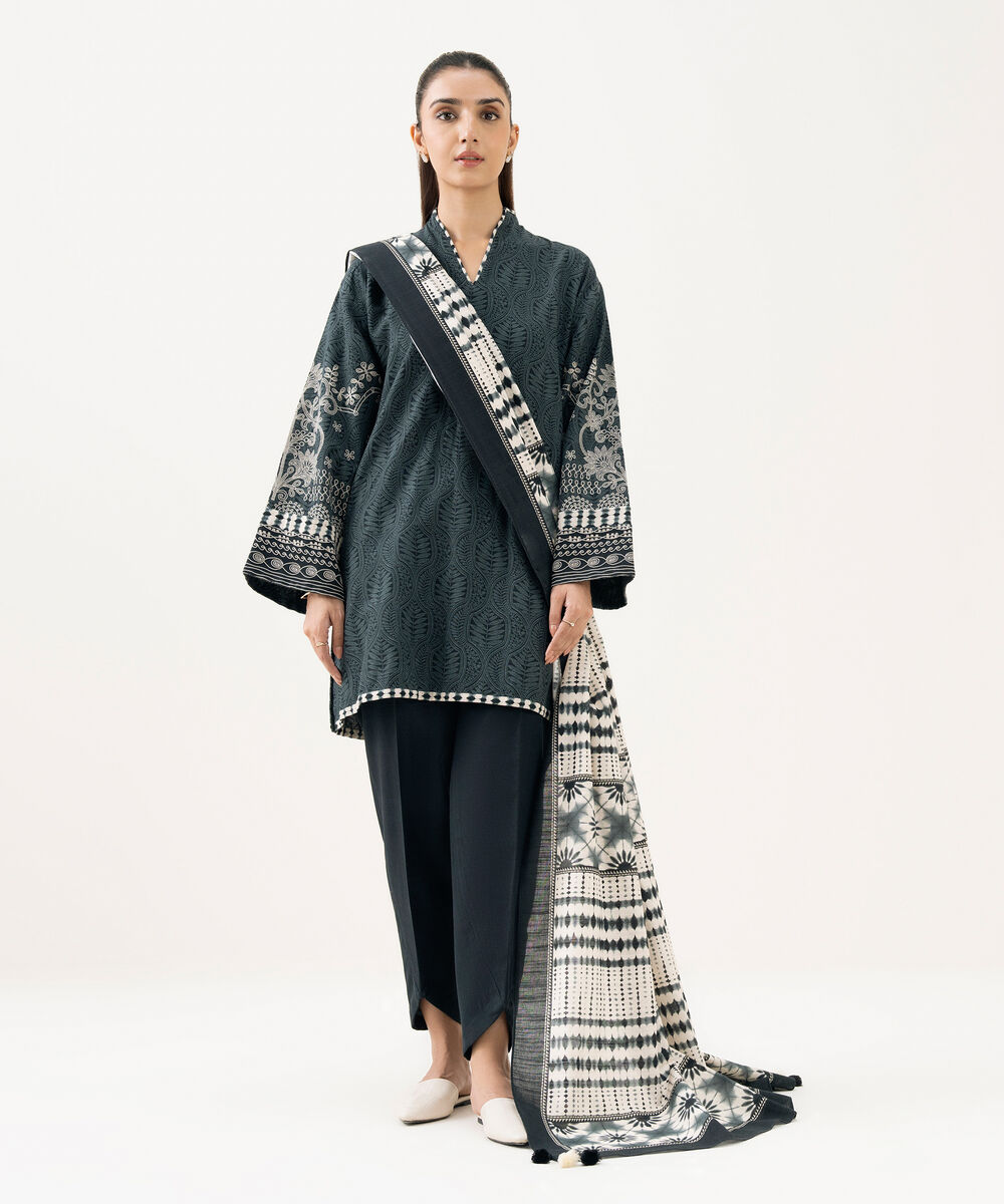 Women's Unstitched Light Khaddar Printed Black 3 Piece Suit