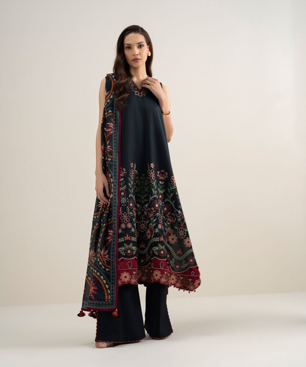 Women's Unstitched Dobby Embroidered Black 3 Piece Suit