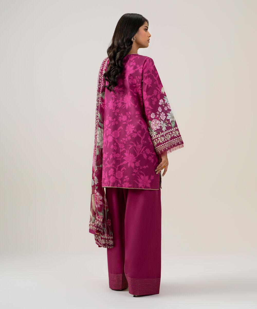 Women's Unstitched Blended Chiffon Embroidered Magenta 3 Piece Suit