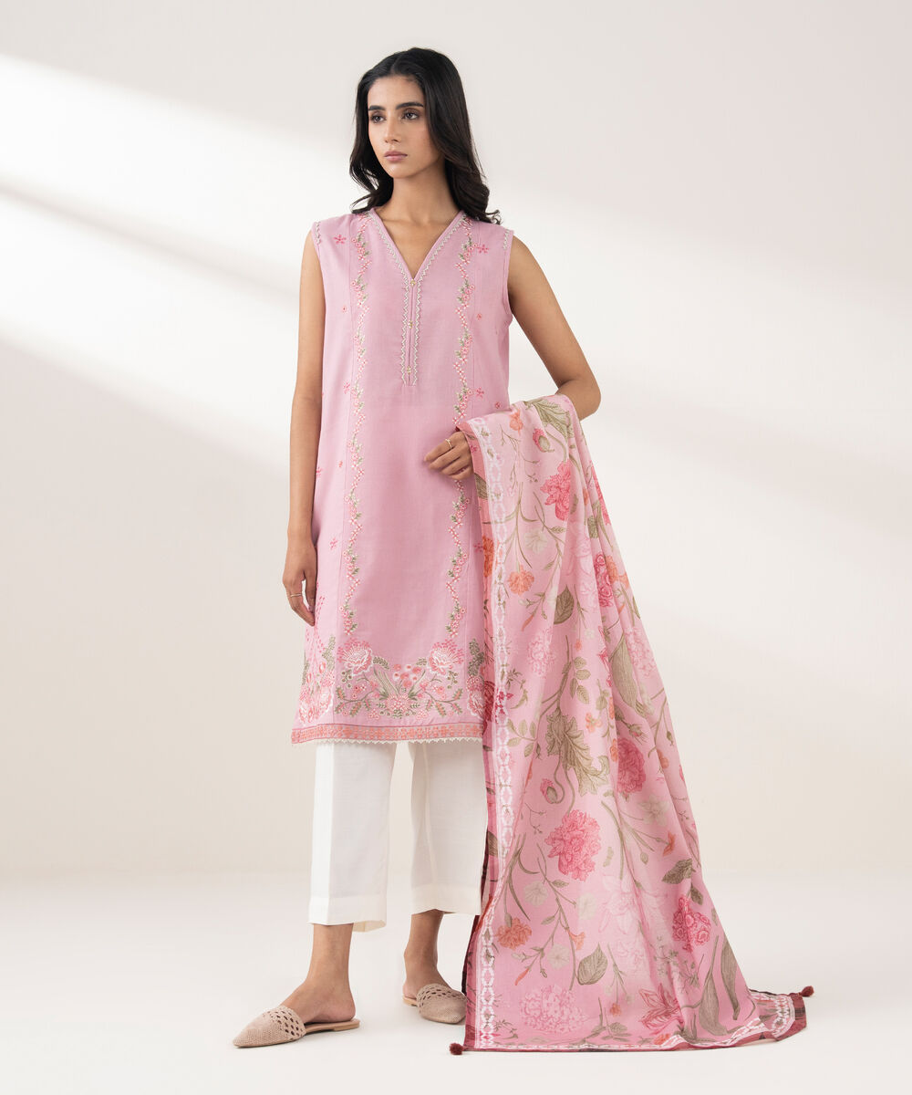 Women's RTW Khaddar Embroidered Pink 2 Piece Suit